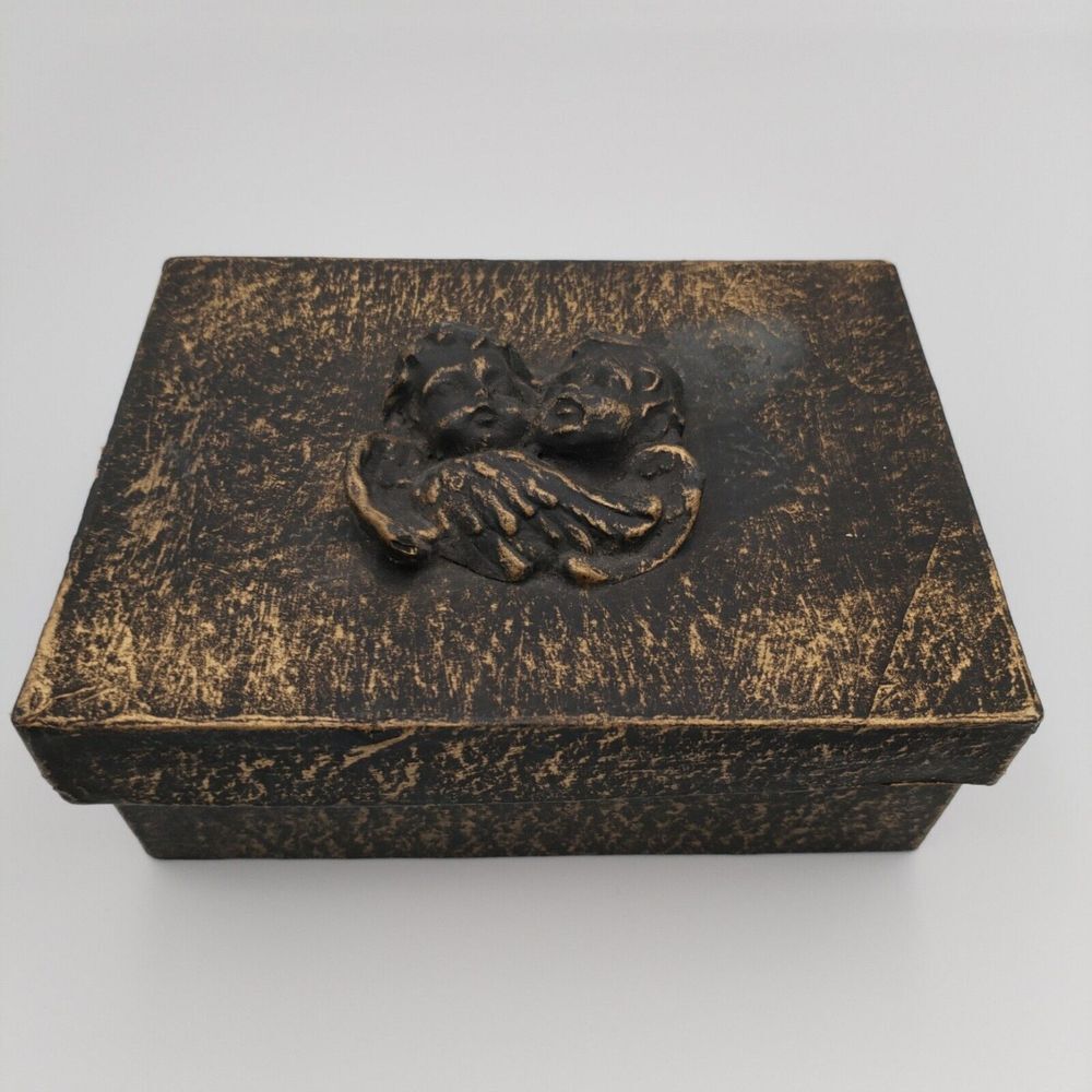 Angel Cherub Gift Box Hard Cardboard Forged Vintage Looking Brown 7x5x3 Inches